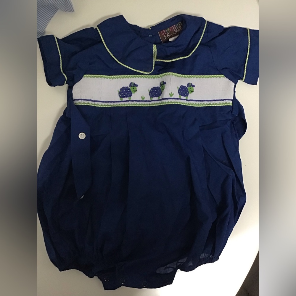 Navy Turtle Bubble Smocked Onesie